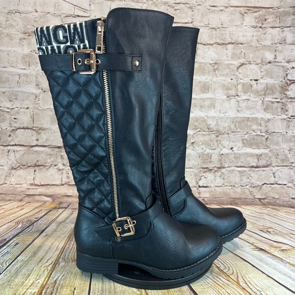 Global Win Quilted Black Buckle Side Zip Harness Block Heel Riding Boots 7.5 - Picture 1 of 8